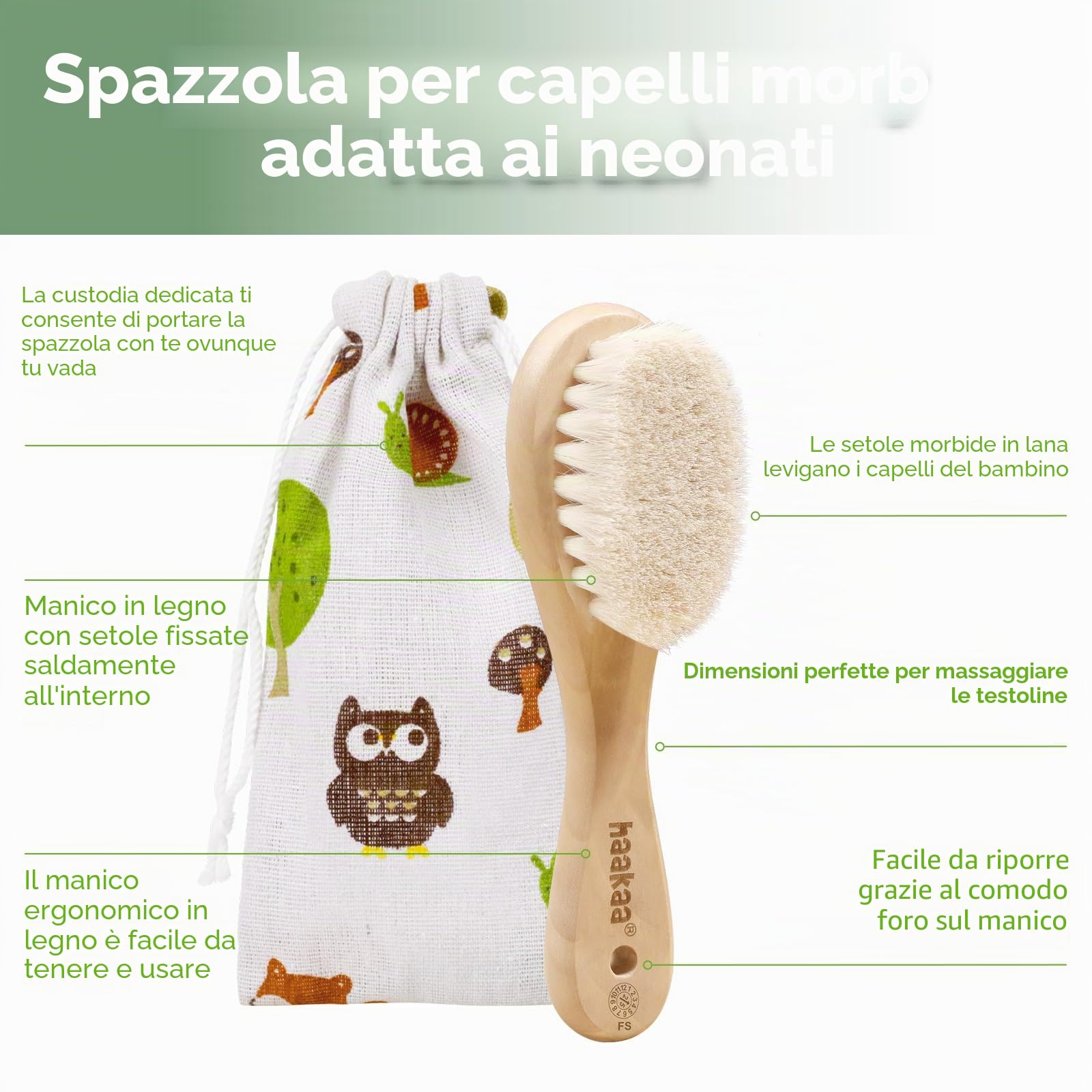 Haakaa Spazzola per Bambini, Spazzola Neonati, Spazzola per Capelli per Neonati, con Morbide Setole Naturali, Impugnatura Di Legno Antiscivolo