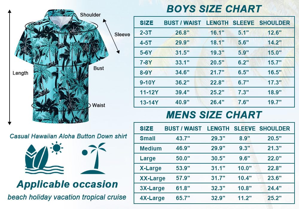 Cromoncent Camicia hawaiana da uomo e ragazzo a maniche corte con colletto cubano tropicale per vacanze estive da spiaggia, Cocco Turchese, 4XL