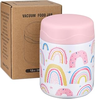 wiwens 12oz Kids Insulated Food Jar - Leakproof Stainless Steel Thermo for Hot Soups Pasta, Keeps Hot 6H Cold 8H White Rainbow