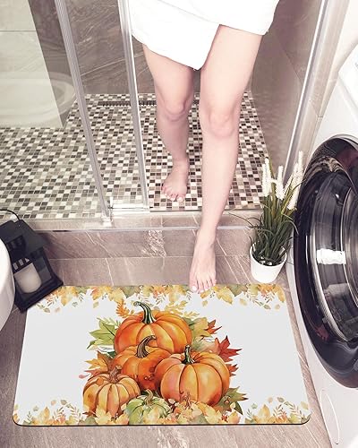 Fall Bathroom Rug Orange Pumpkin Fall Bath Mat Non-Slip Bath Mat, Washable Bath Mat for Bathroom Floor, Sink, Tub, Fall Maple Leaf 32x20In