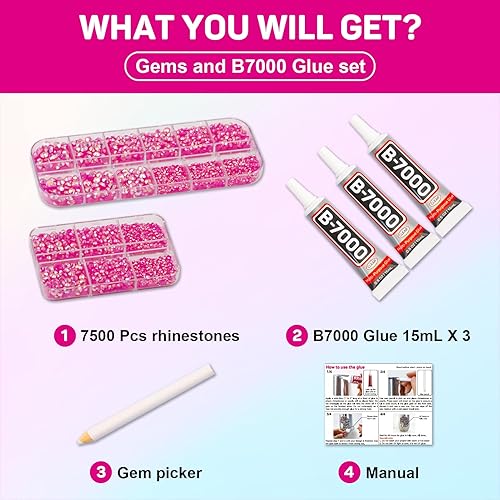 Miniatura 2 de 7500 diamantes de imitación de parte trasera plana de color rosa intenso con pegamento B-7000 para manualidades, ropa, ropa, zapatos, vasos, gemas