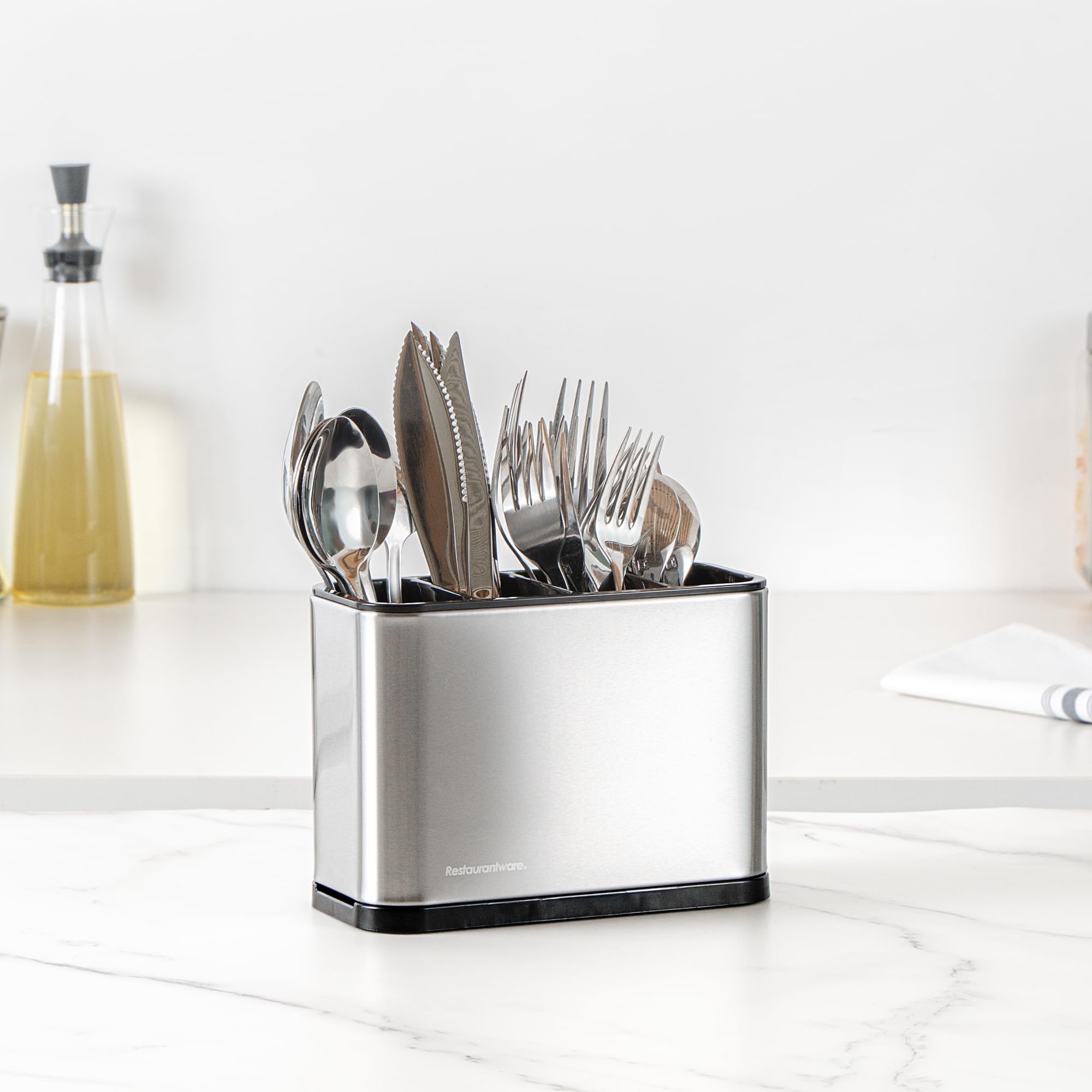 Restaurantware -Met Lux - Organizador de utensilios de 7.09 x 3.39 x 5.12 pulgadas, 1 organizador de utensilios con base pesada, 4 compartimentos, con bandeja de goteo, soporte para utensilios de