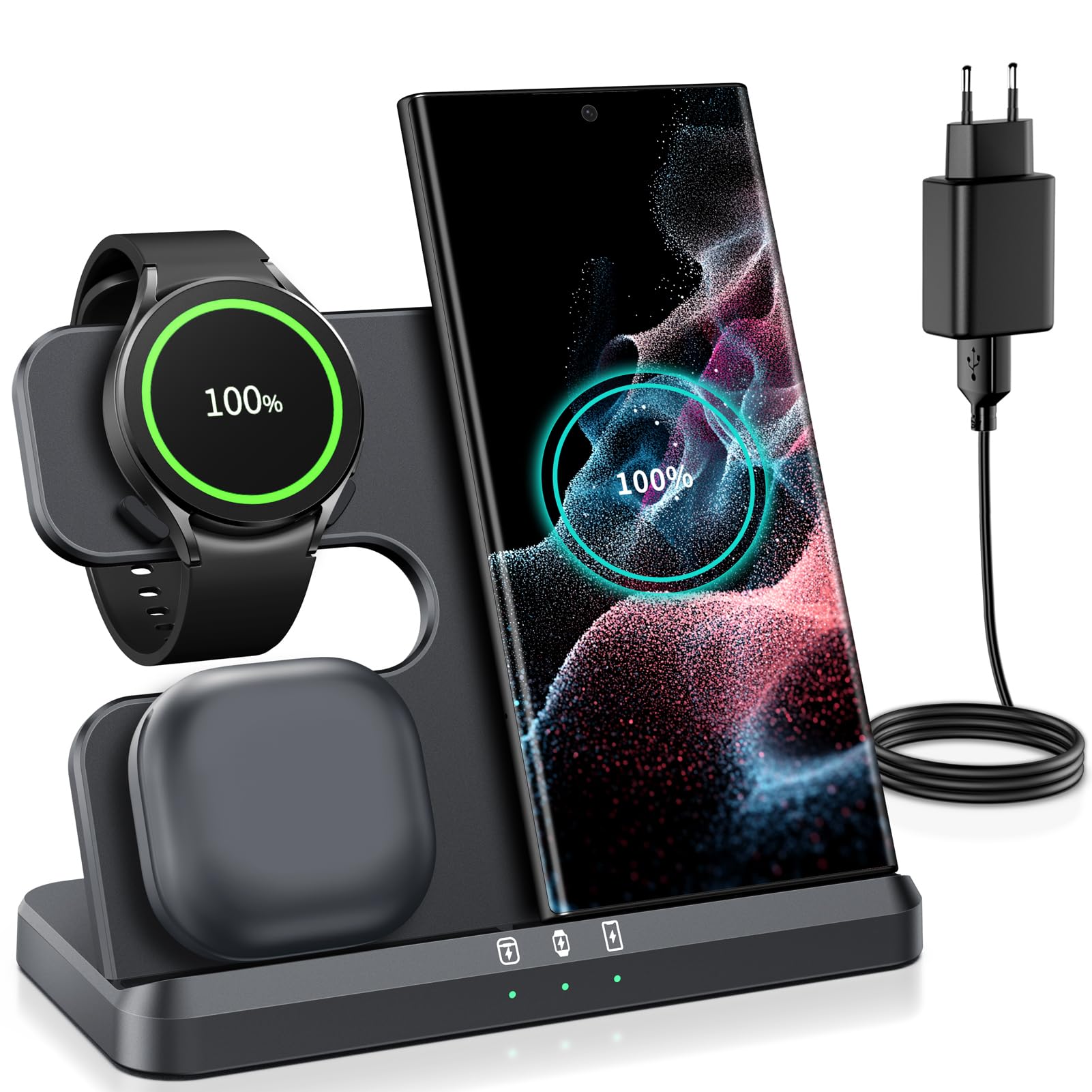 seacosmo Caricabatterie Wireless 3 in 1 per Samsung, Stazione Ricarica Wireless Rapida Charging Station, Caricatore S24/S23/S22/S21 Ultra/Z Flip/Fold 5/4, per Galaxy Watch 8/6/5 Pro & Galaxy Buds