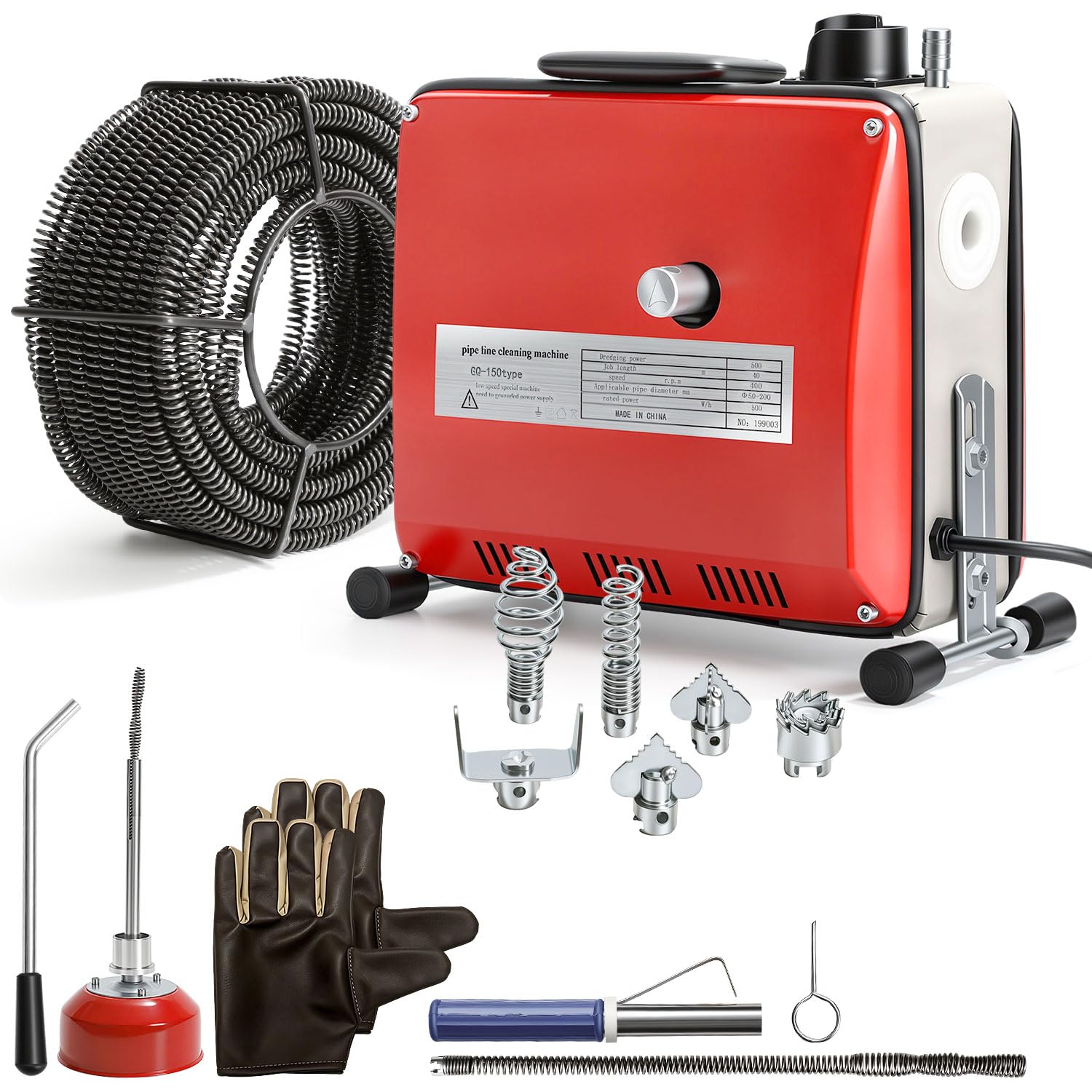 500W Elektrische Rohrreinigungsmaschine mit 16mm 20M + Ø10mm 5M Spiralen, Rohrreiniger 400U/min für Ø20-120mm Rohrleitungen,6 Köpfe,Rohrreiniger Abflussreiniger Reinigung Drain Clean