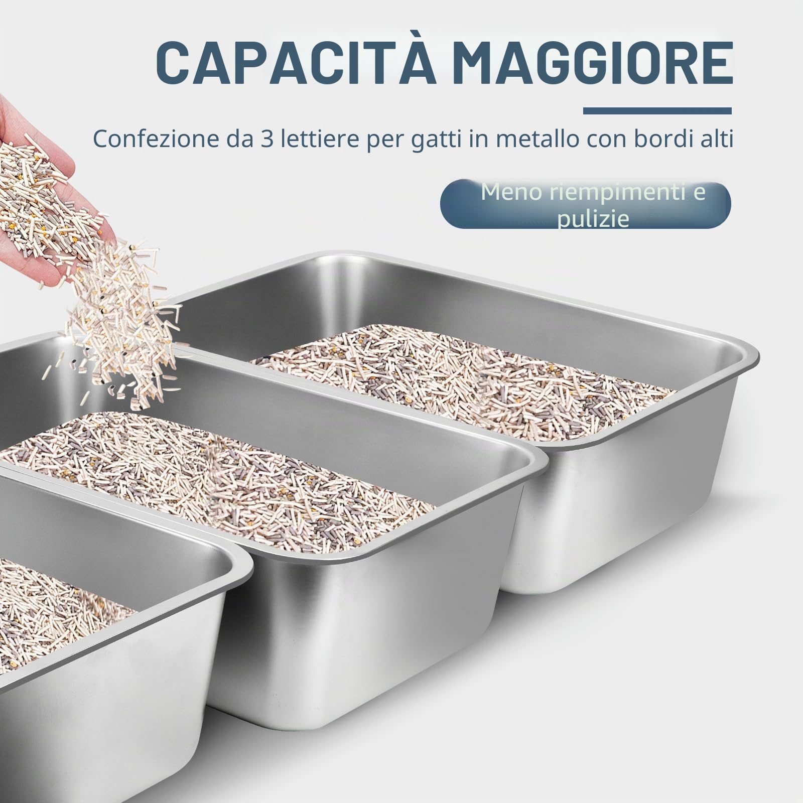 Lettiera per gatti in acciaio inox, confezione da 3, 70 x 50 x 20 cm, con bordi alti in metallo, extra large, a tenuta stagna, antiaderente e inodore
