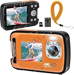 YEEIN Câmera subaquática 4K 48MP autofoco selfie tela dupla à prova d'água com alça flutuante e cartão de 32 GB, câmera digital compacta à prova d'água de 17 pés para mergulho com snorkel