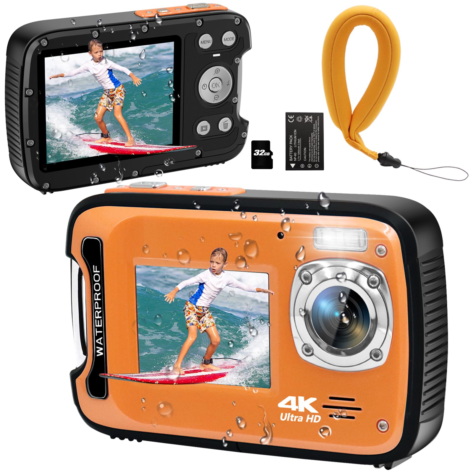 Unterwasserkamera 4K 48MP Autofokus Selfie Dual Screen Wasserdicht mit schwimmendem Gurt und 32GB Karte, 4,3 m kompakte wasserdichte Digitalkamera zum Schnorcheln