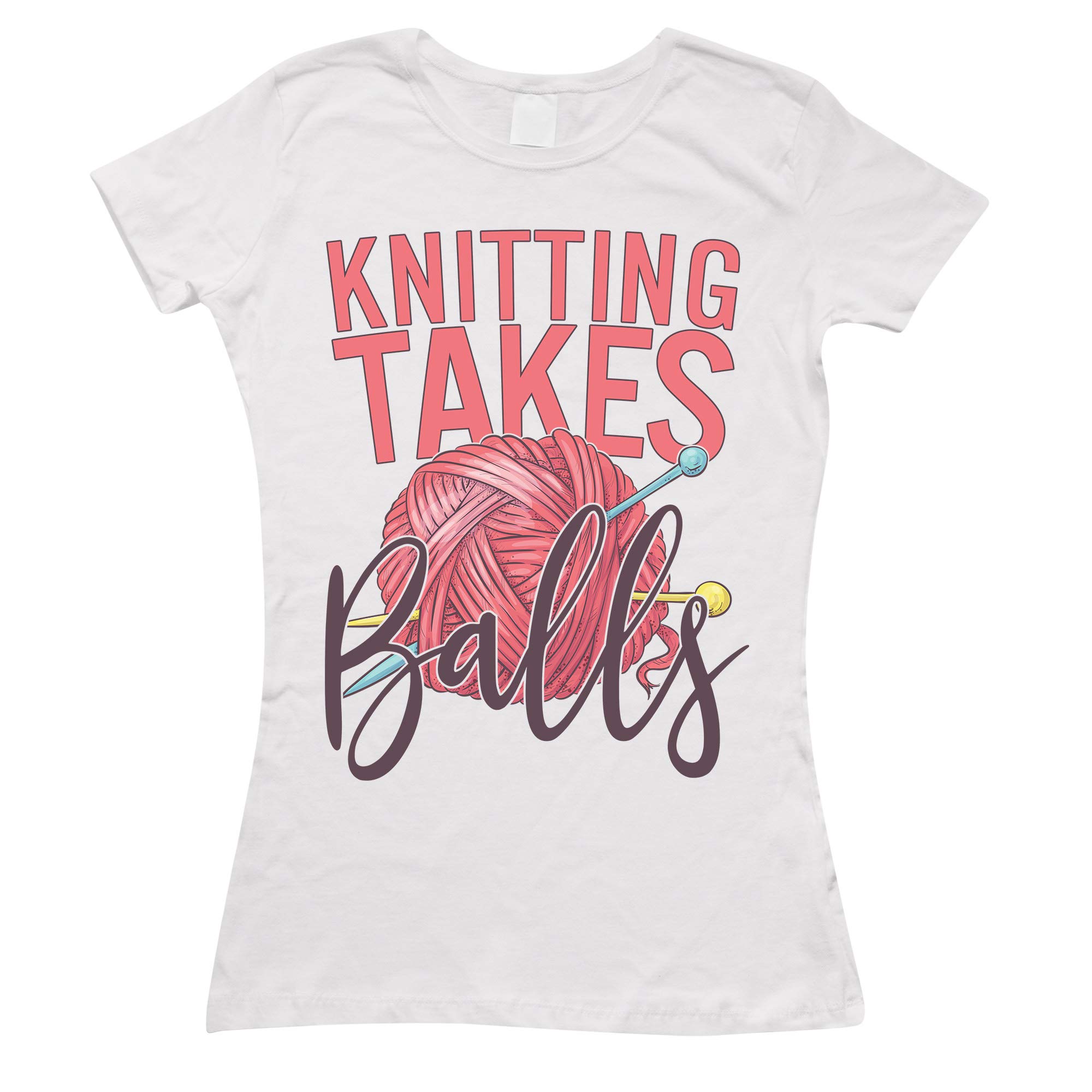 Purple Print House Womens Knitting Takes Balls Funny T Shirt - Knitting Birthday Gift Idea for Knitter - Joke Birthday Present, M, White