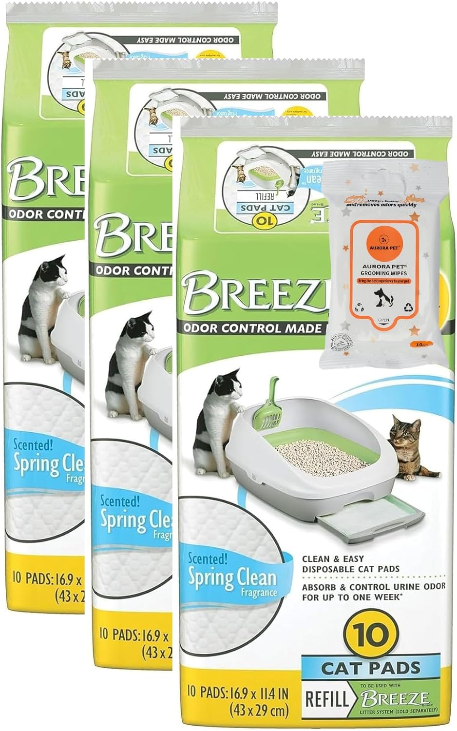 Tidy Cat Breeze Spring Clean Cat Pads Refill Pack (3) 10-Count with Aurora Pet Wipes