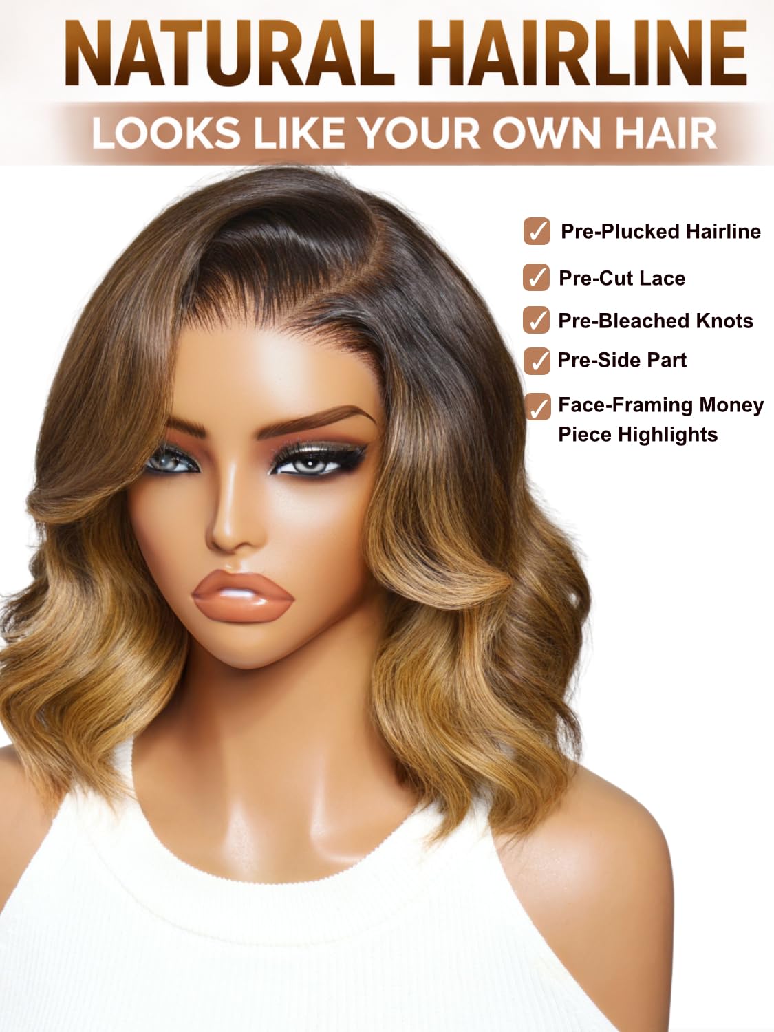UNICE Human Hair Wig Wavy Bob Glueless 7x5 HD Lace Front, Pre Plucked Pre Cut, Chocolate Brown with Honey Blonde Highlights, Drawstring No Slip, Ready to Wear Beginner Friendly 10 inch