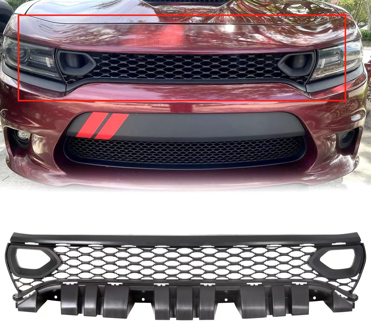 ECOTRIC Front Upper Grille Grill With 2 Side Bezels Assembly Replacement For 68417502AA Compatible With 2015-2019 Dodge Charger SRT SXT Pursuit R/T SE GT Pack Daytona Mesh Grill Guard