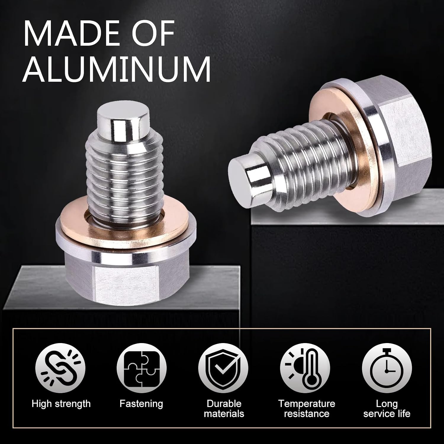 WZP M12x1.75 Magnetic Oil Drain Plug with 5PCS Copper Crush Washer, Silver image 3