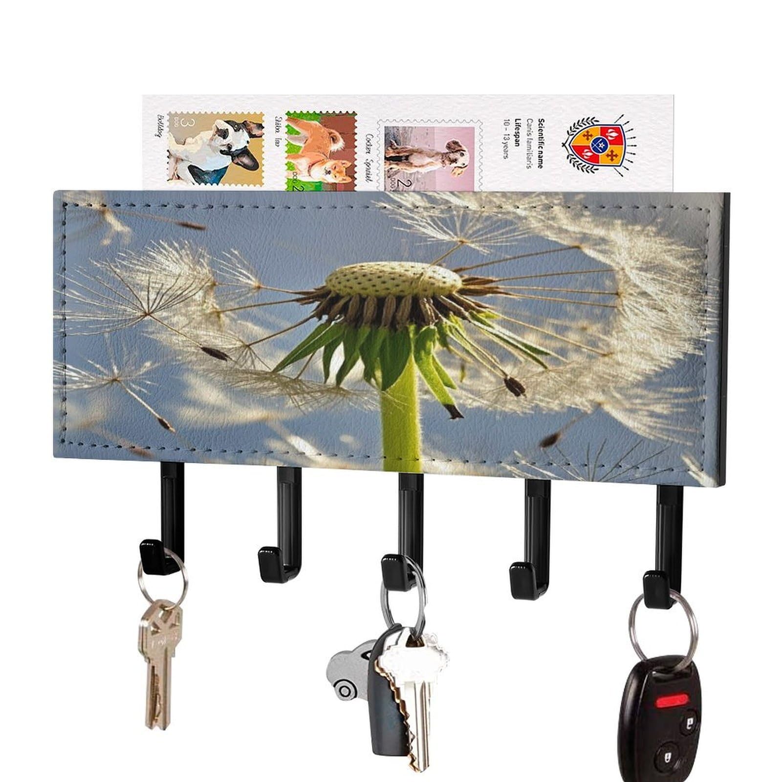 FekiLoot Dandelion Key Holder Wall Mount Key Hanger with 5 Hooks Decorative Key Rack Hanging Key Hooks with Mail Organizer Key Holder for Wall Living Room Kitchen Bathroom Hallway Black