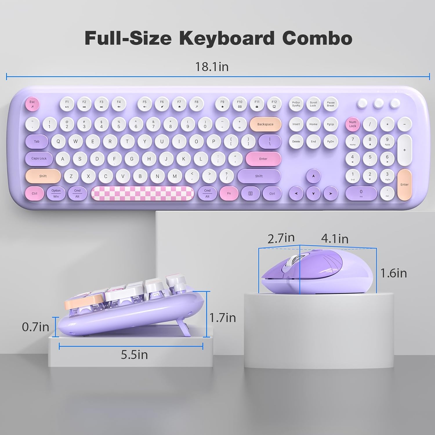Retro Wireless Keyboard and Mouse Combo, SQMD 2.4G Typewriter Keyboard with Round Colorful Keycaps, Full-Size Office Keyboard and Quiet Mouse for Windows PC, Home, Office, and College - Purple