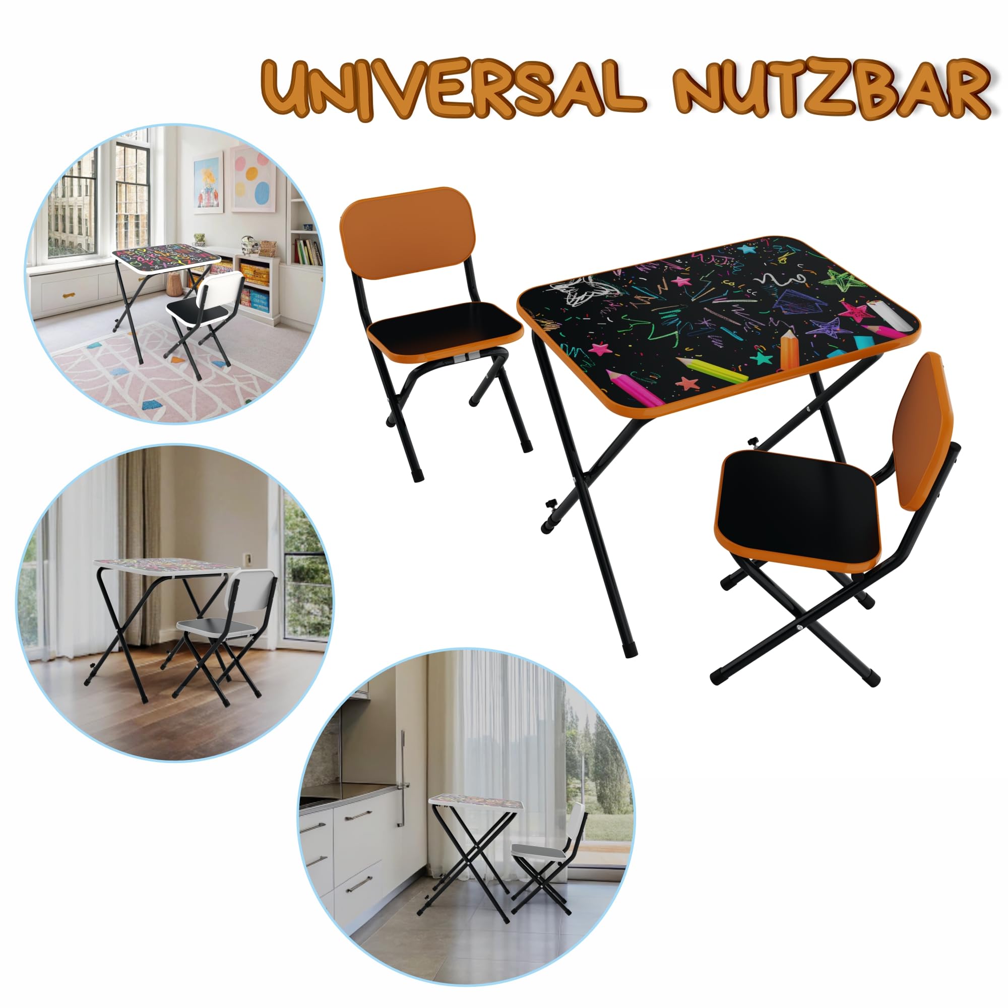 VILHA Table pour enfant avec 2 chaises - Ensemble de sièges évolutifs et pliables - Table de jeu pratique pour les tout-petits - Plateau inclinable - Orange