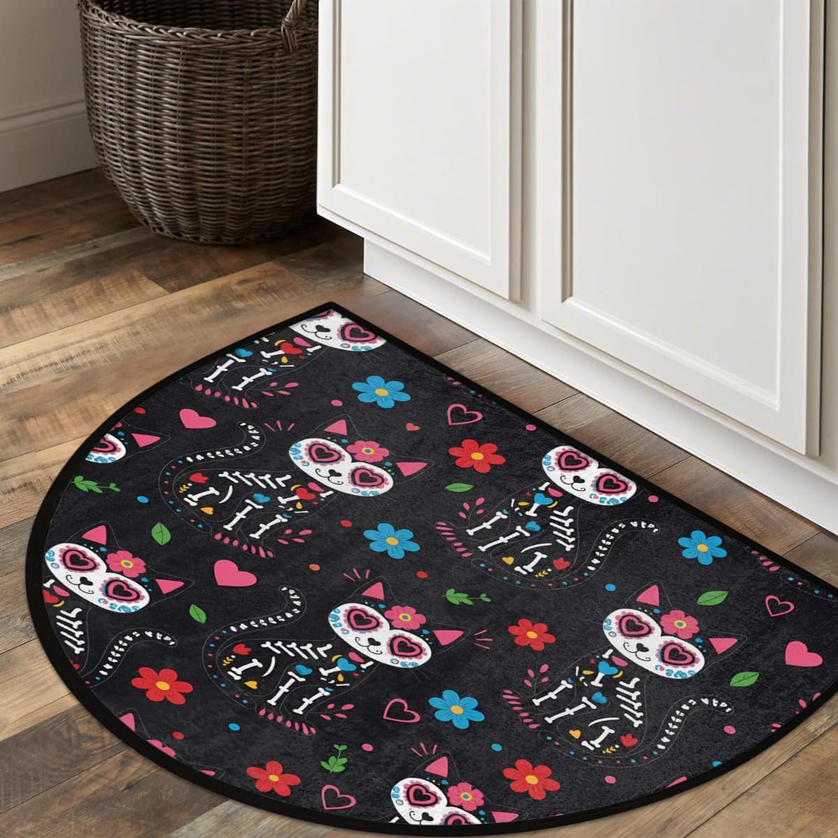 Half Round Rugs Day of The Dead Halloween Cats Flowers Semicircular Indoor Door Mat Entryway Welcome Mat Non-Slip Half Round Low Profile Door Mat for Patio High Traffic Areas