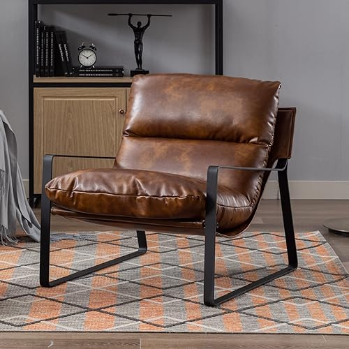 Miniatura 3 de LukeAlon Silla decorativa moderna de piel sintética PU, silla tapizada suave para sala de estar con marco de metal negro, cojín engrosado, silla