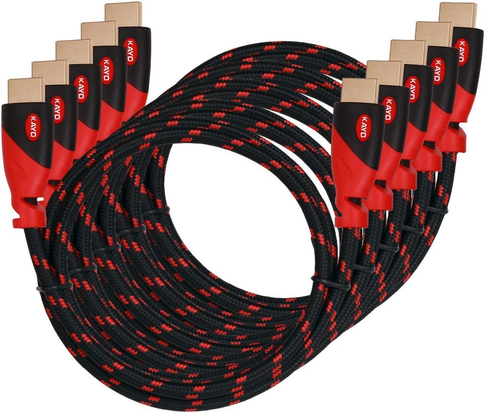 KAYO HDMI Cable,High Speed HDMI Cable Gold-Plated Supports [Ultra HD|4K Resolution|3D|Ethernet|Audio Return|2160p|1080p] -Braided Cord-Red,Black Sleeve [Latest Version] Bonus Cable Tie (10FT -3PK)