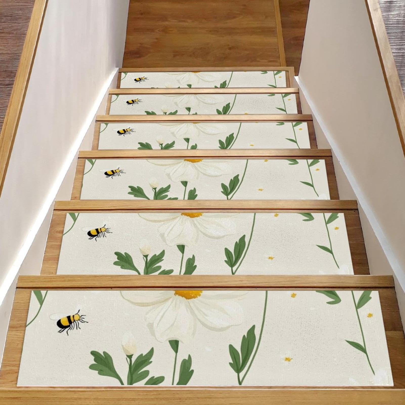 Tapis d'escalier antidérapants résistants à motif fleuri et abeilles blanches | Lot de 15