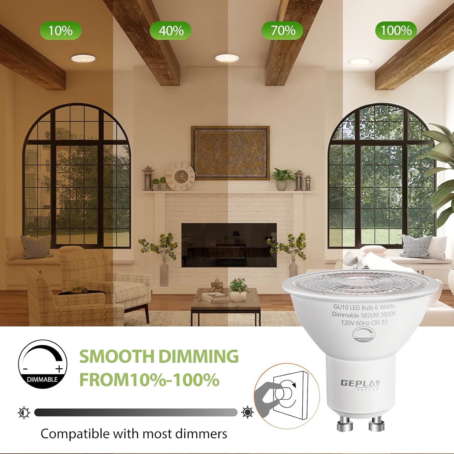 GEPLAD 12-Pack GU10 LED Bulbs 6W, Dimmable, 3000K Soft White 582LM, Replacement 50W Halogen Light Bulb for Spotlight Track&Recessed Lighting,No Flickers