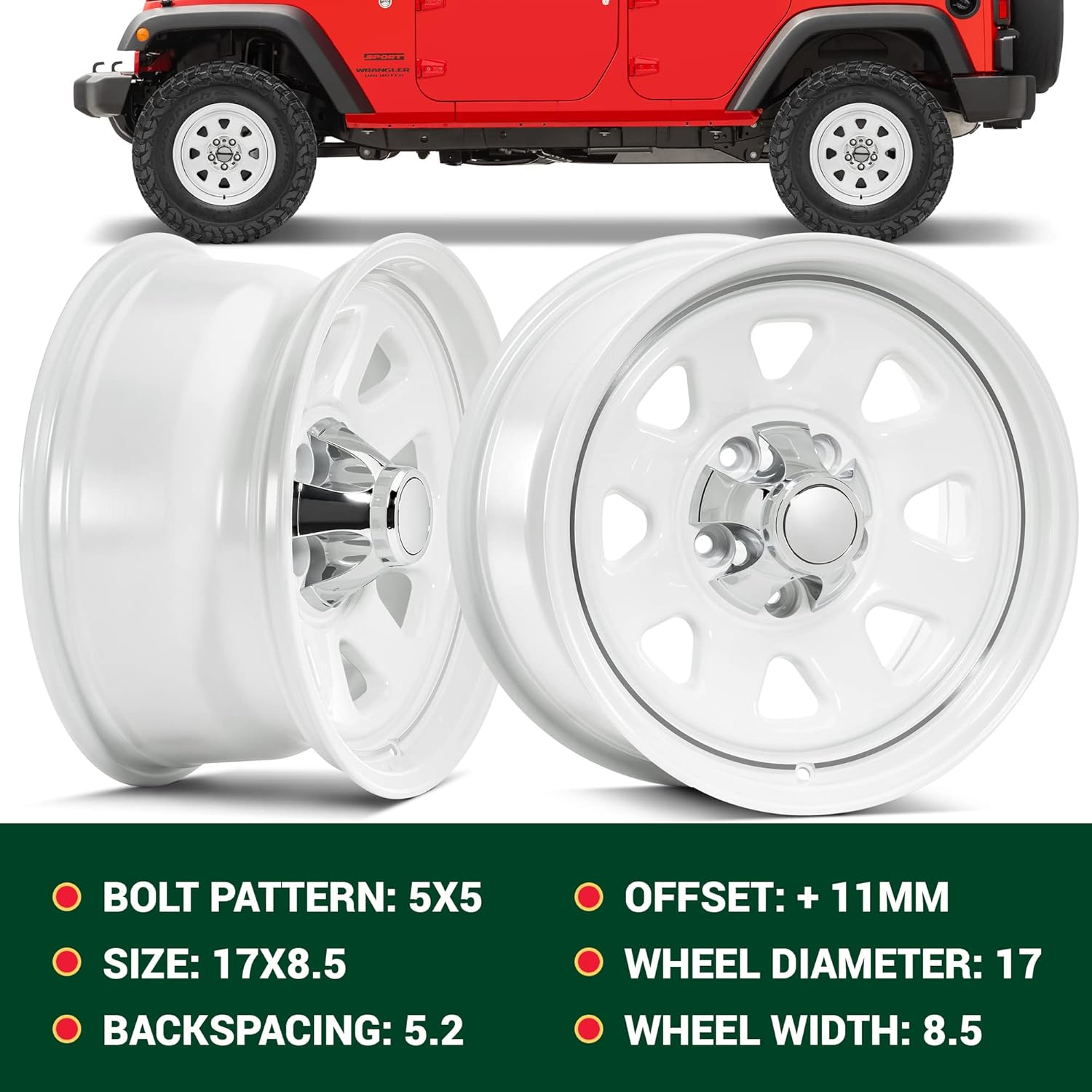 Quadratec CJ Retro 17" Alloy Wheel, Gloss White - 5x5 Bolt Pattern with 5.2" Backspace - 17x8.5 (+11mm Offset) - Fits Jeep JT, WK, WK2, JK, JL, JKU, JLU 05-22 - Hub Centric Alloy Aluminum Wheel