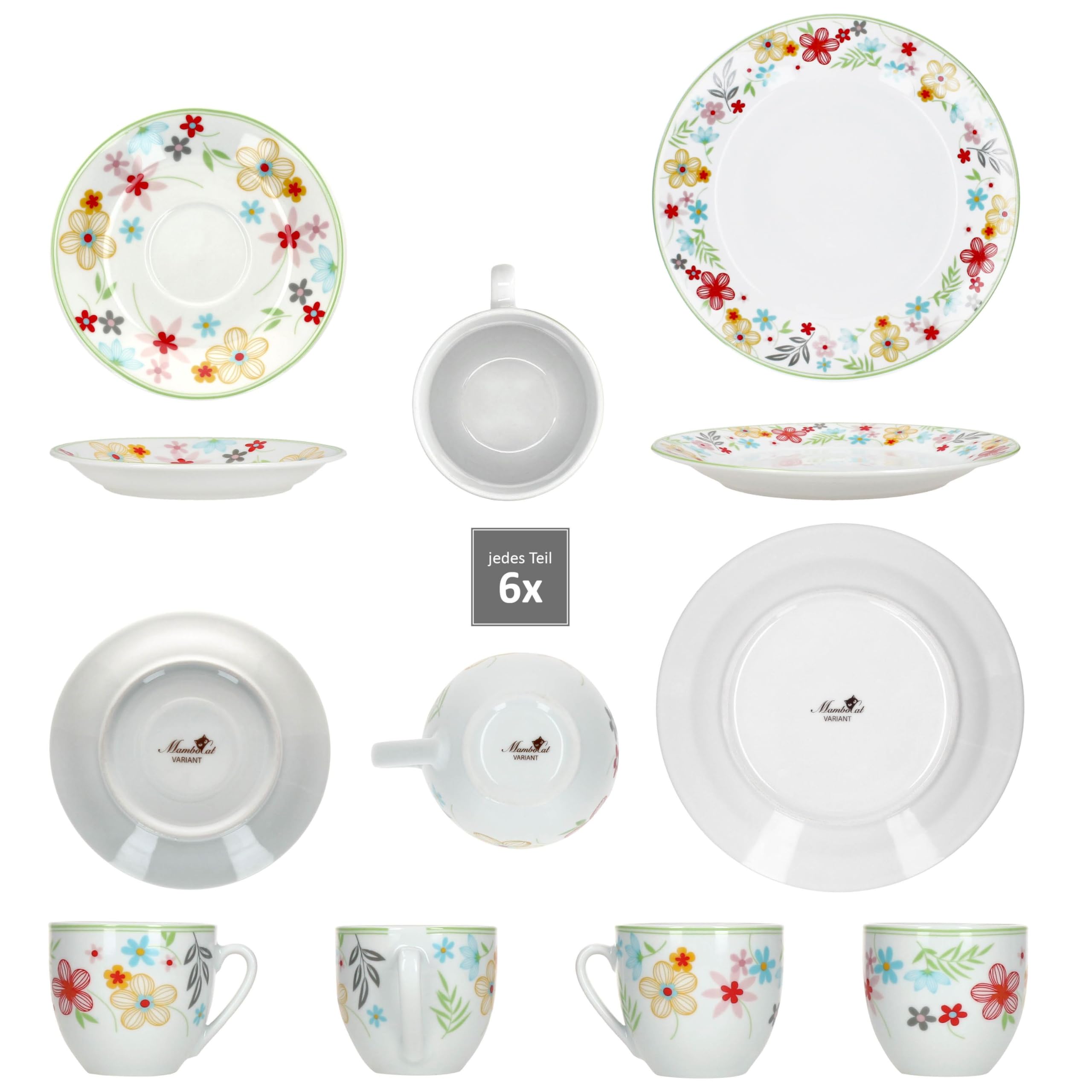 MamboCat Variant Blümchen 30tlg Kombiservice I Porzellan-Geschirrset mit Blumen-Rand für 6 Personen I Je 6x Kaffeetassen 200ml, Untertassen, Kuchenteller, Suppenteller & Speiseteller