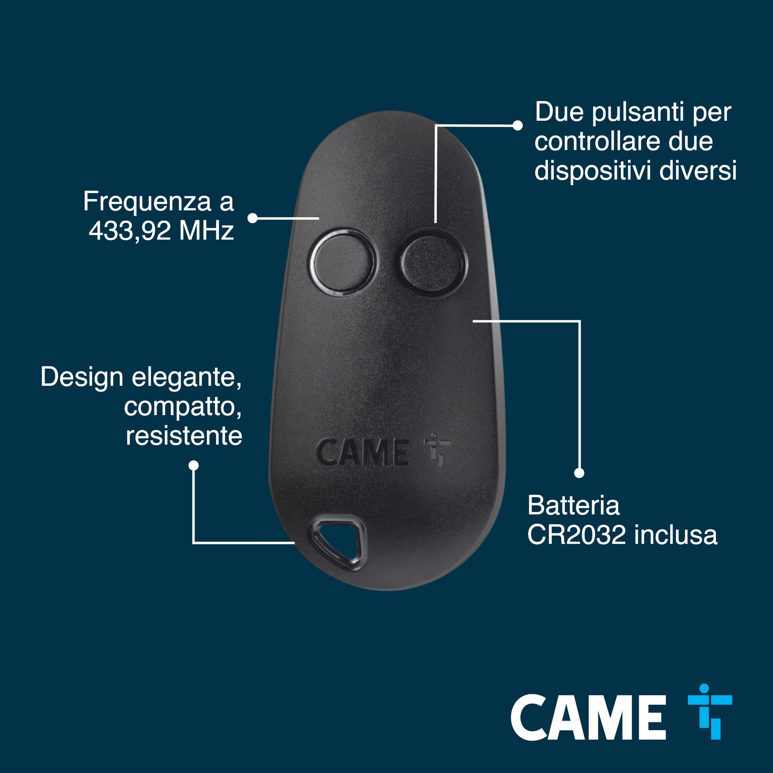 CAME Telecomando TOP bicanale nero a codice fisso multiutenza con funzione di autoapprendimento per una facile configurazione frequenza di 433,92 MHz compatibile esclusivamente con modelli CAME