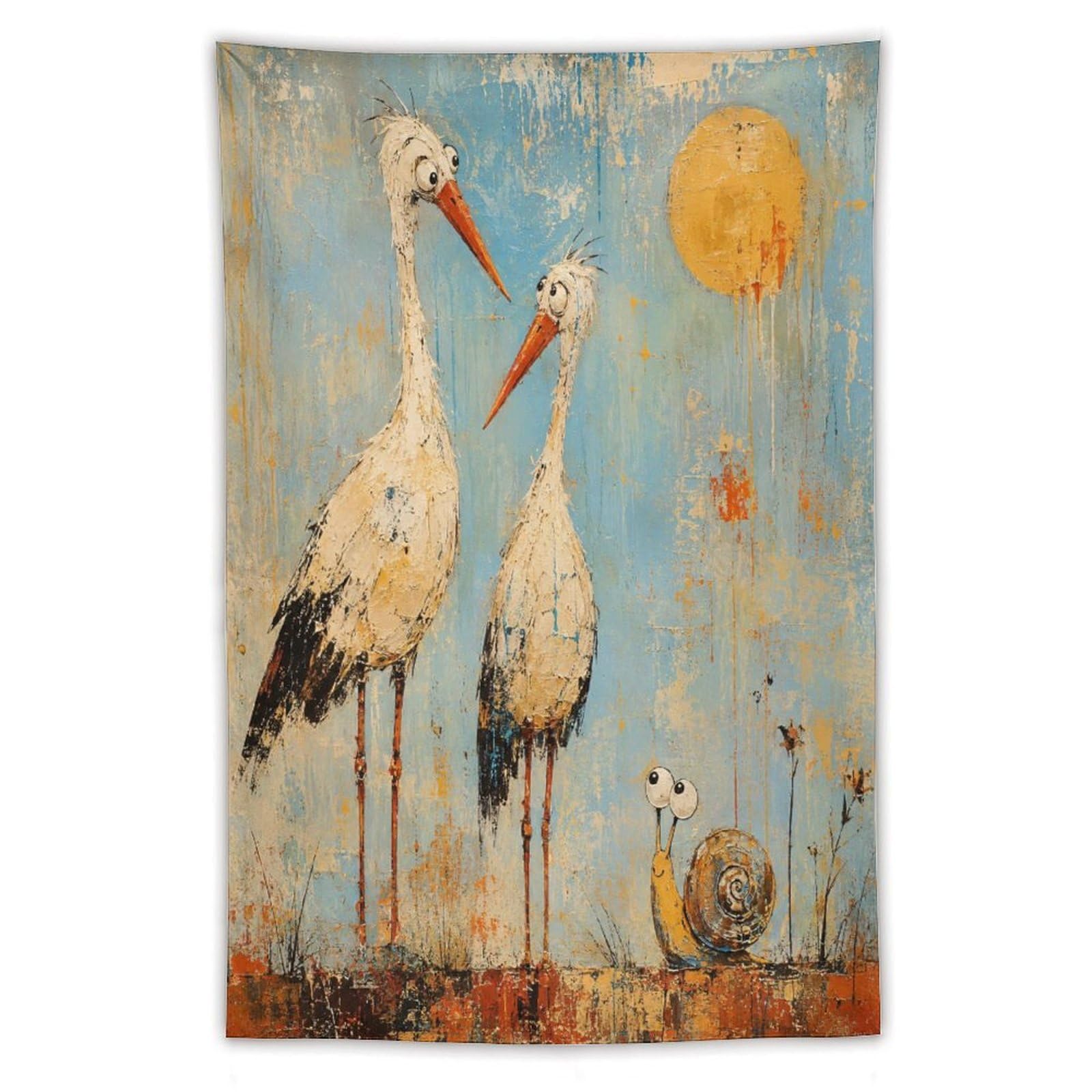 H3B8U2Y5 Storks with Snail Wall Tapestry, Folk Art Style, Apartment