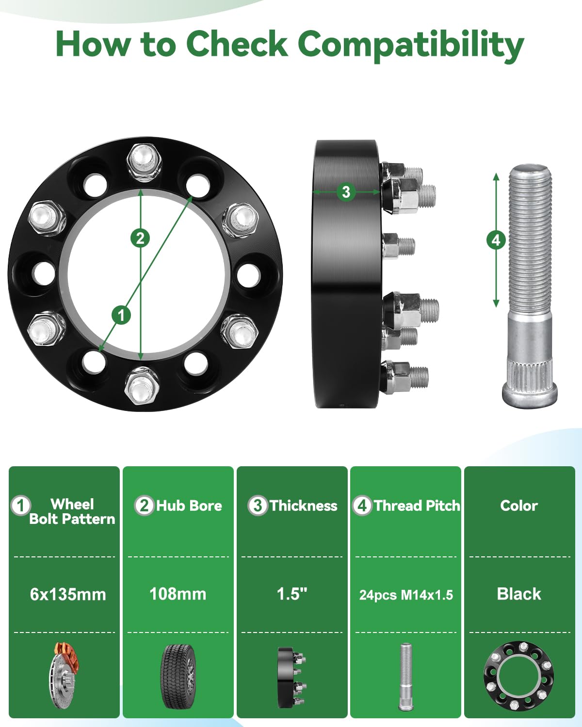 EOTH 6 x adapter koła 5,5 na 6 x 135, 1,5 cala 6 x 139,7 na 6 x 135, rdzeń środkowy 108 mm z trzpieniem M14 x 1,5