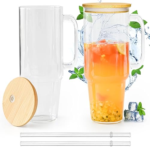 Vasos de vidrio con tapas y pajillas, vaso de vidrio de 40 onzas con popote y tapa, paquete de 2 vasos de vidrio con asa boca ancha, tazas de café