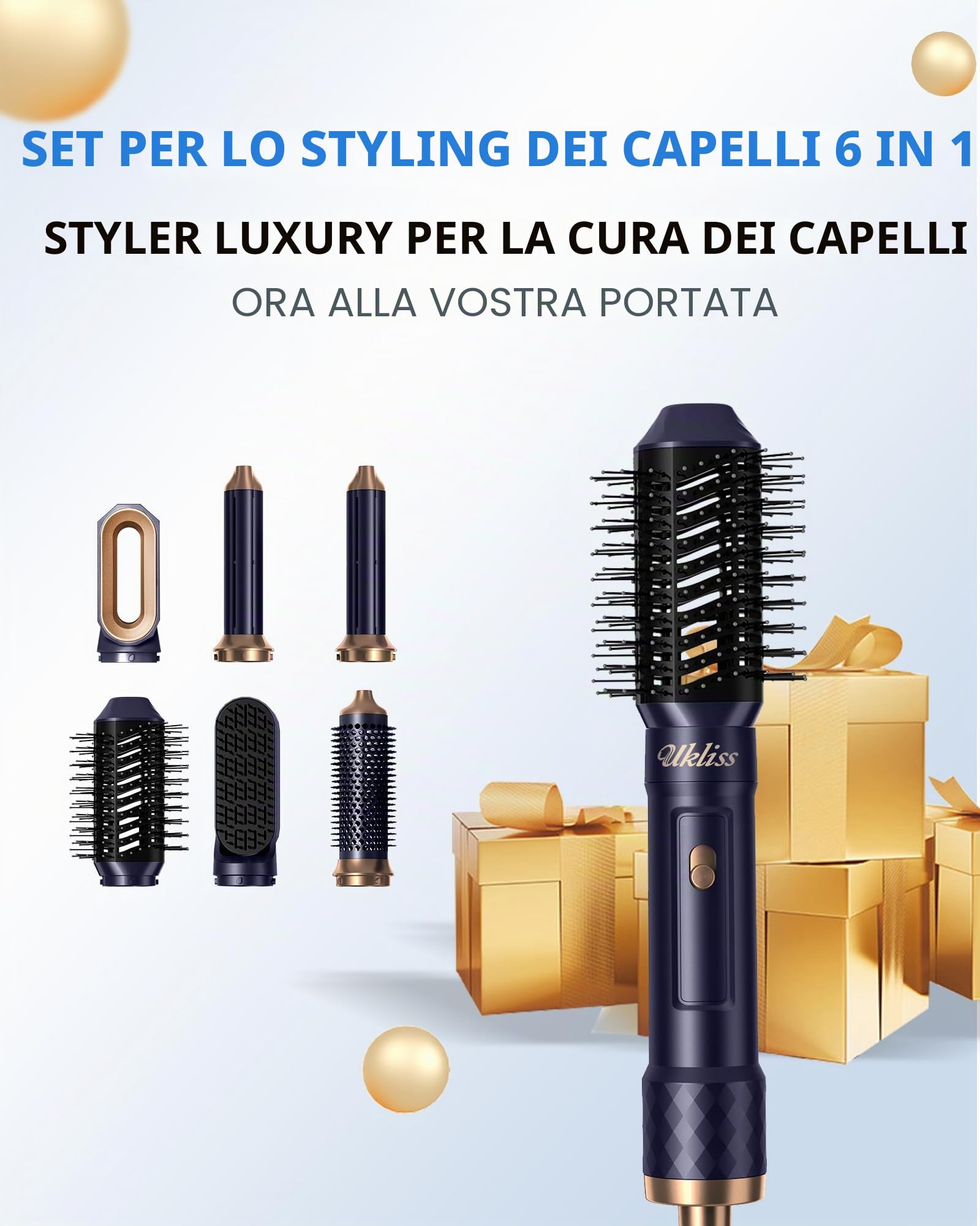UKLISS Hair Styler 6 in 1, Phon Spazzola Asciugacapelli con Piastra Capelli, Arricciacapelli Automatico, Hair Dryer, Thermal Brush, Spazzola Aria Calda per Donne Ricci, Lisci, Voluminosi - Blu