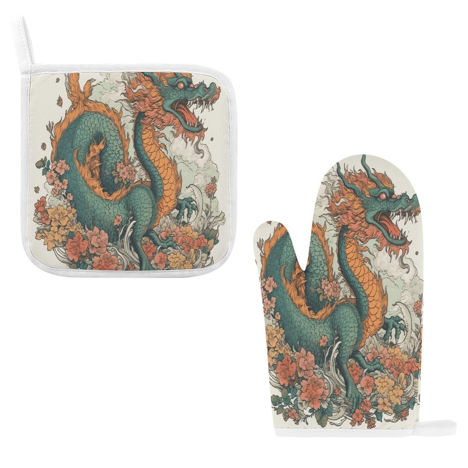 Fodpand Style Flowers And Dragons Oven Mitts And Pot Holders Sets