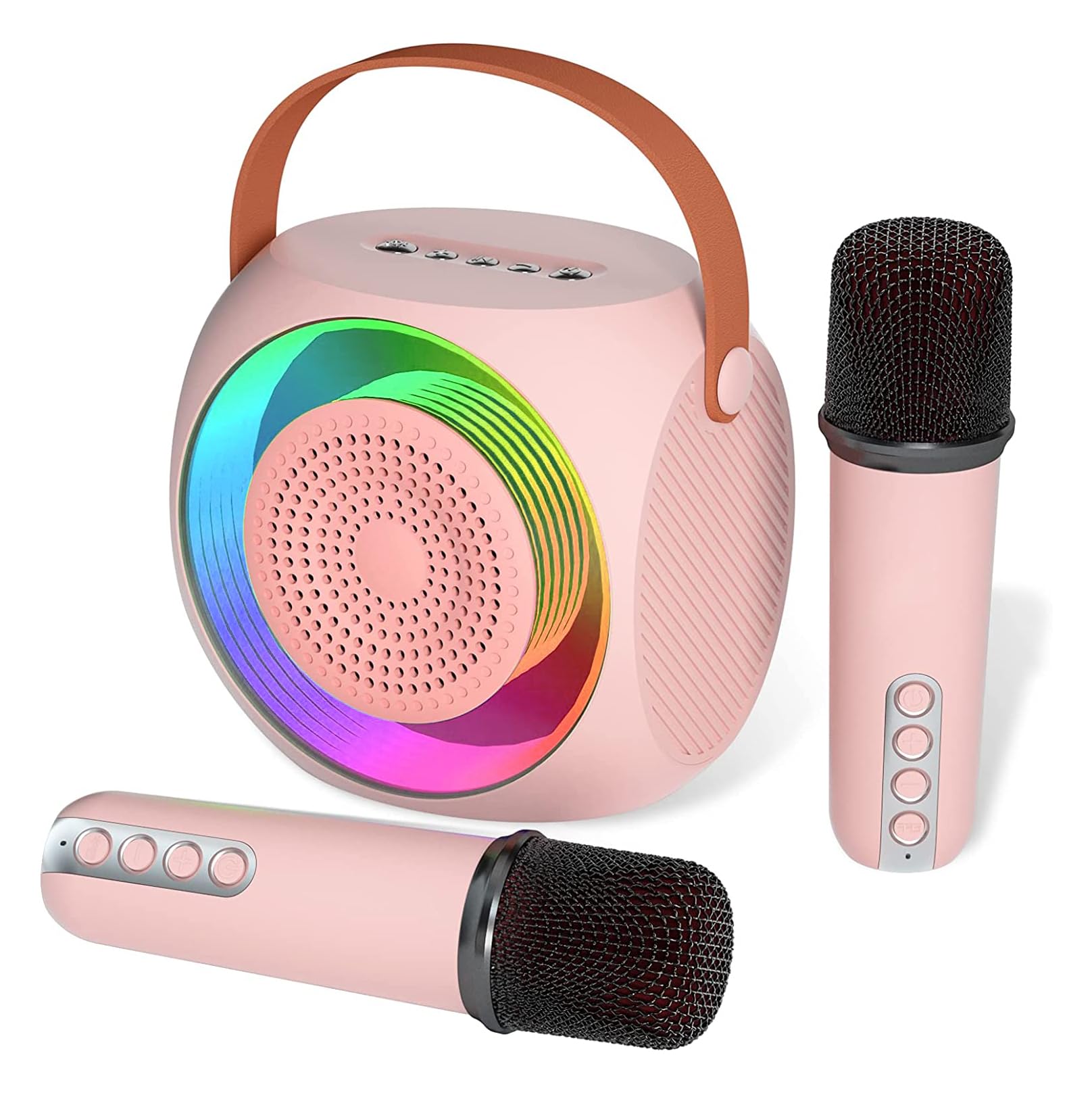 MasrooKaraoke Machine for Kids, Portable Bluetooth Karaoke Speaker Machine with 2 Microphones and Led Lights for Kids and Adults for Birthday Gift Home Party, Supports TF Card/USB/AUX (Pink)
