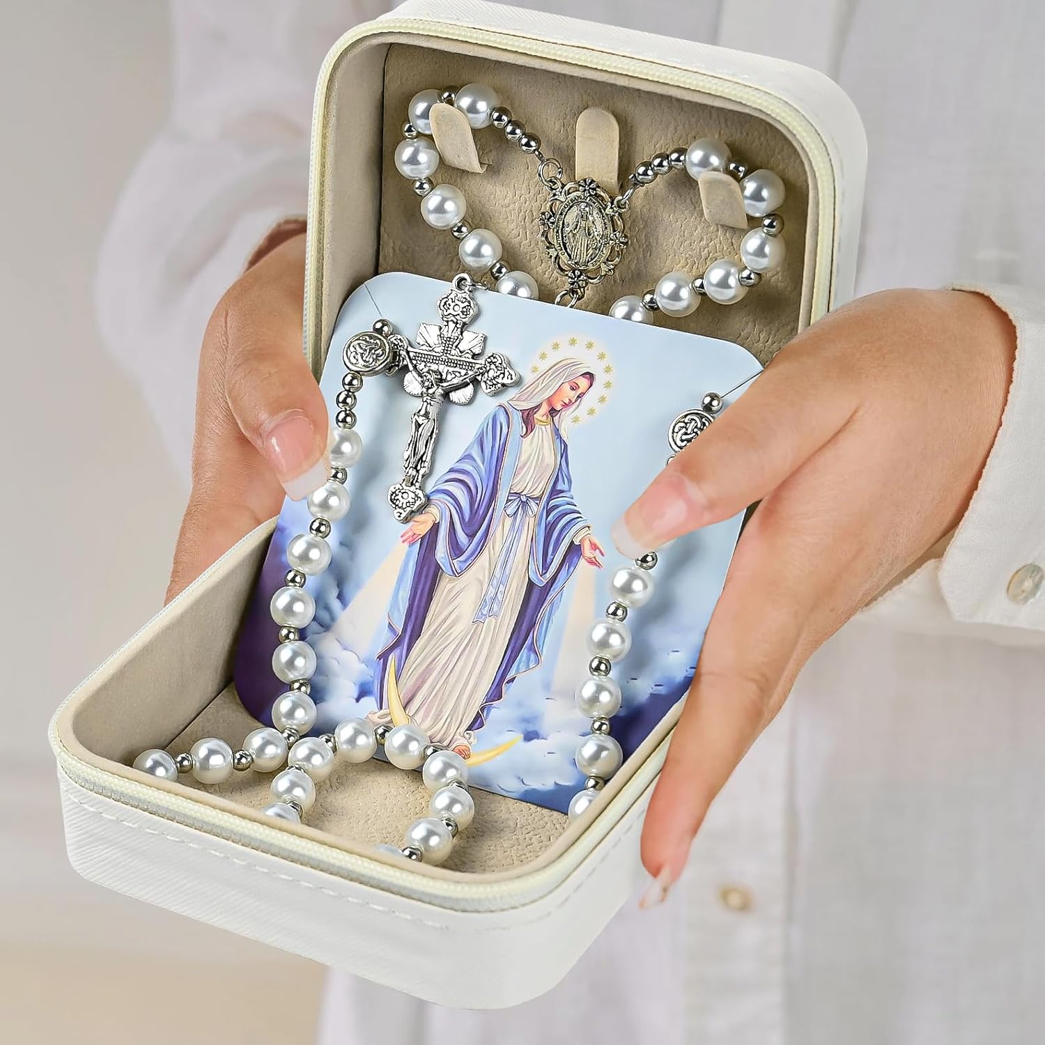 8mm Pearl Rosary Necklace Catholic Jewelry - Blessed Virgin Mary Beaded Necklace for Women, First Communion Baptism Gift with Prayer Card & Storage Box - Image 4