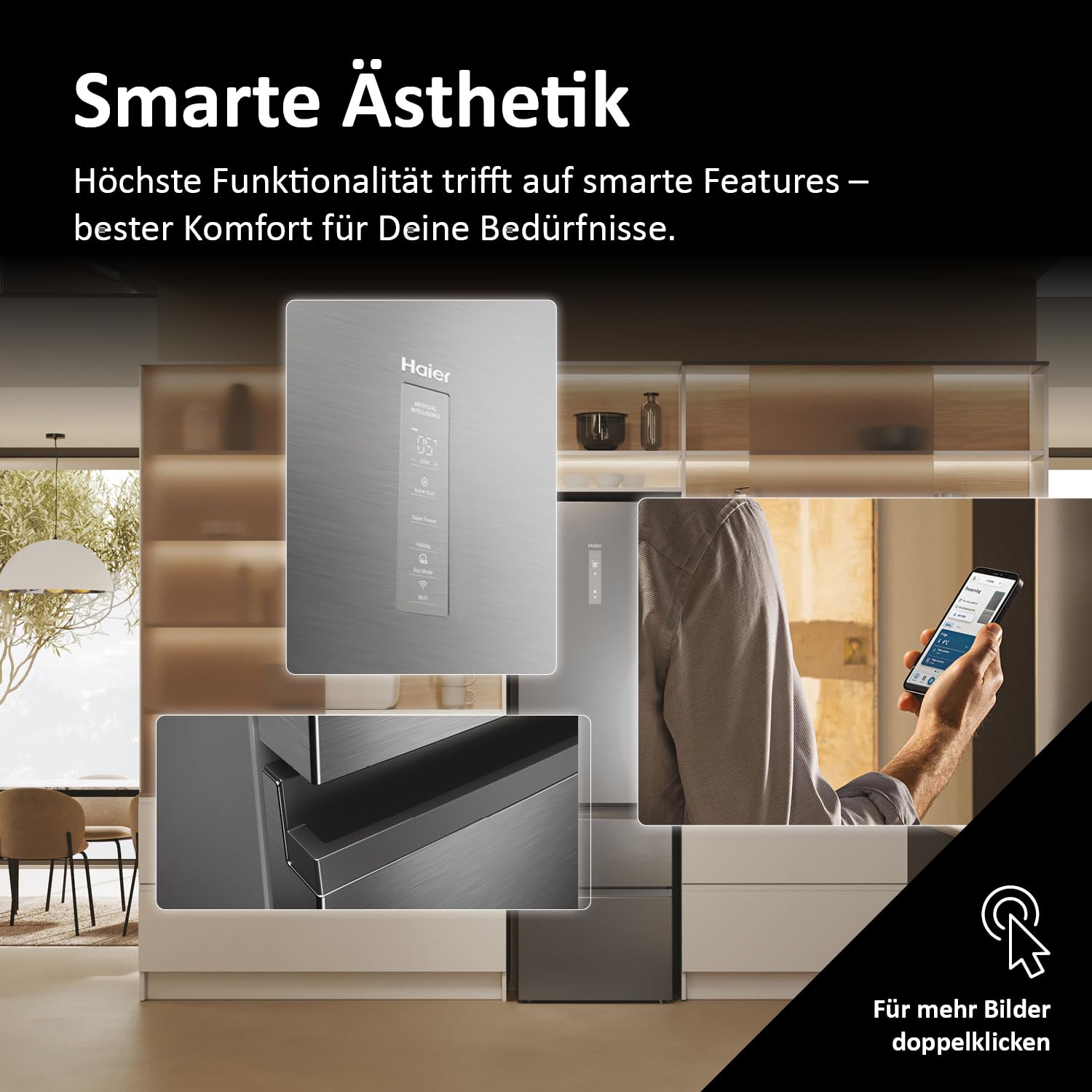 Haier Kühl-Gefrierkombination 3D 60 Serie 5 HTW5620DNMG | 2,05m, No Frost, Ergonomische Gefrierschubladen, Mit Gefrierfach freistehend, Fassungsvermögen 414L, Wi-Fi, Smarte Kühlfächer