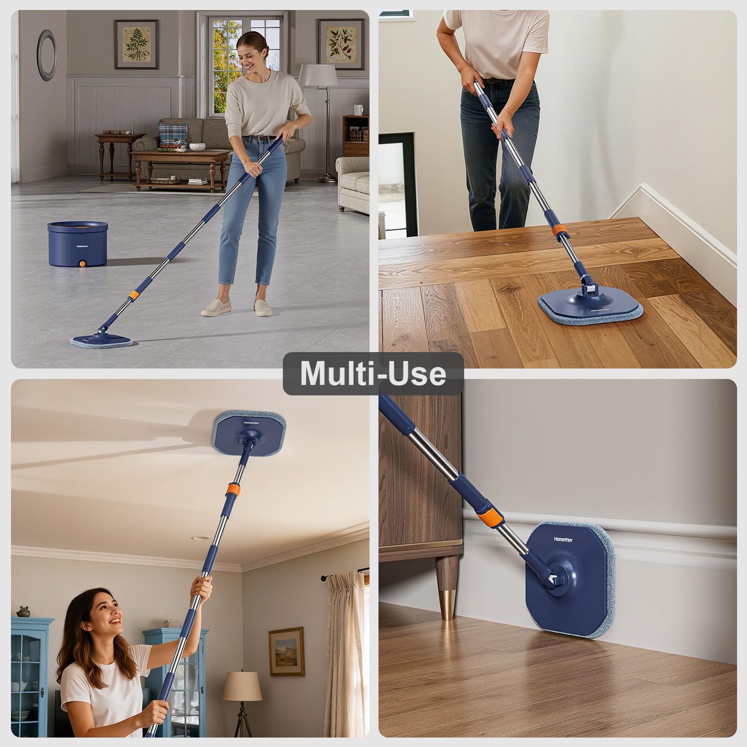 Spin Mop and Bucket Set, Mop Bucket with Separate Dirty Water System, Deep-Cleaning Mops for Floors/Wall, Versatile Mops with 4 Microfiber Mop Pads