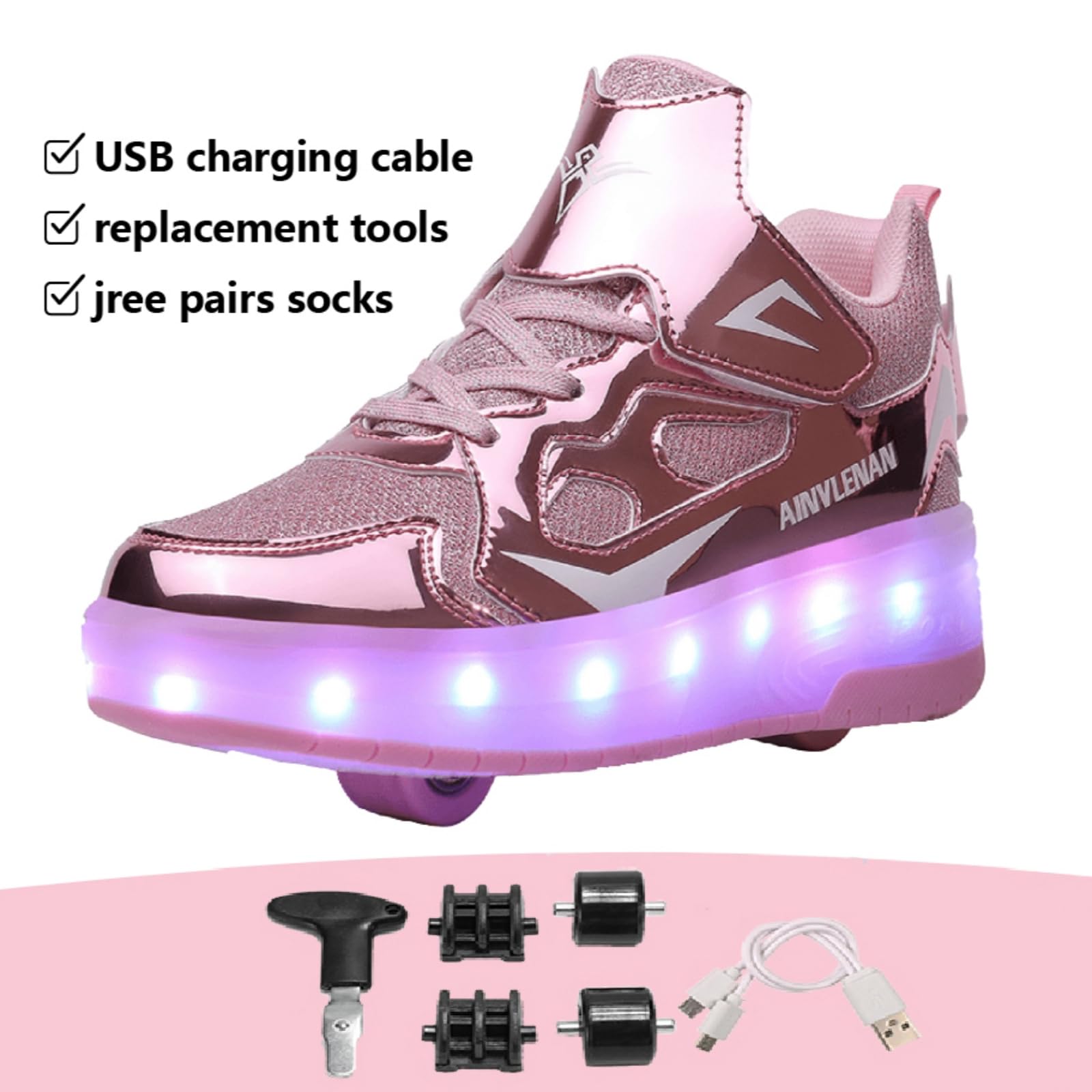 Dziecięce sneakersy, 2-wiel skateboard schoenen, verstelbaar kleurveranderend licht, USB-oplaadbaar, universeel voor jongens en meisjes, zwart, roze, goud, zilver, maat 27-40 EU