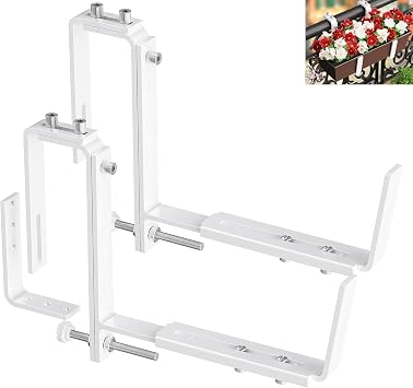 Y&M Adjustable Window Box Brackets Heavy Duty Iron Flower Box Planter , 2 Pack Universal Outdoor Hanging Brackets, White Steel Mounting Durable, Suitable for Fence Pergola Patio Garden Balcony