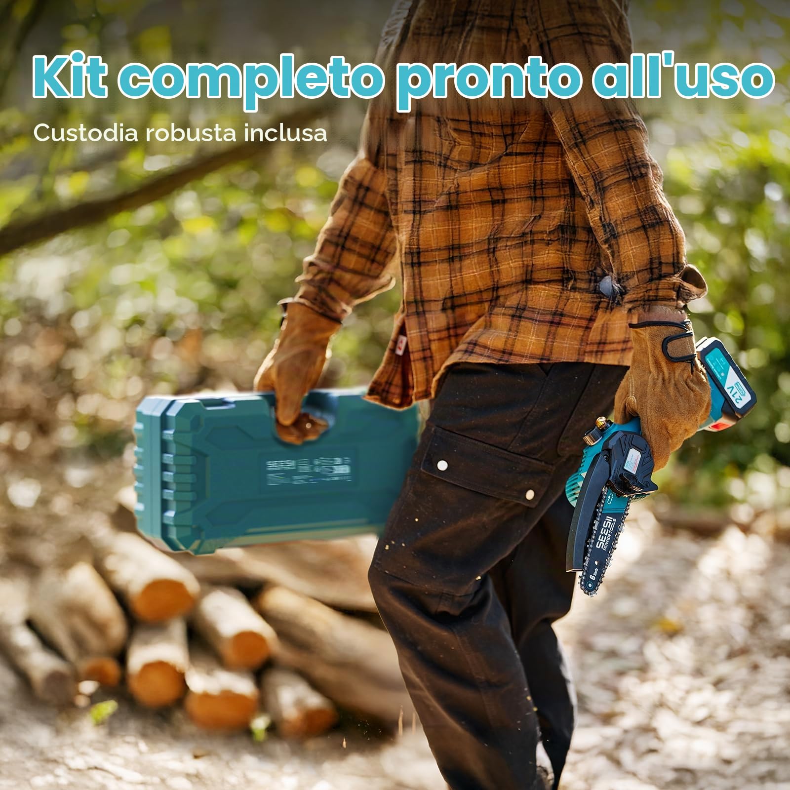 SEESII Mini Motosega a Batteria 8000mAh, 900W 6 Pollici Sega Elettrica per Potatura con Pompetta Olio e Catena di Ricambio, Motosega da Potatura per il Taglio del Legno Giardini, M6 Pro