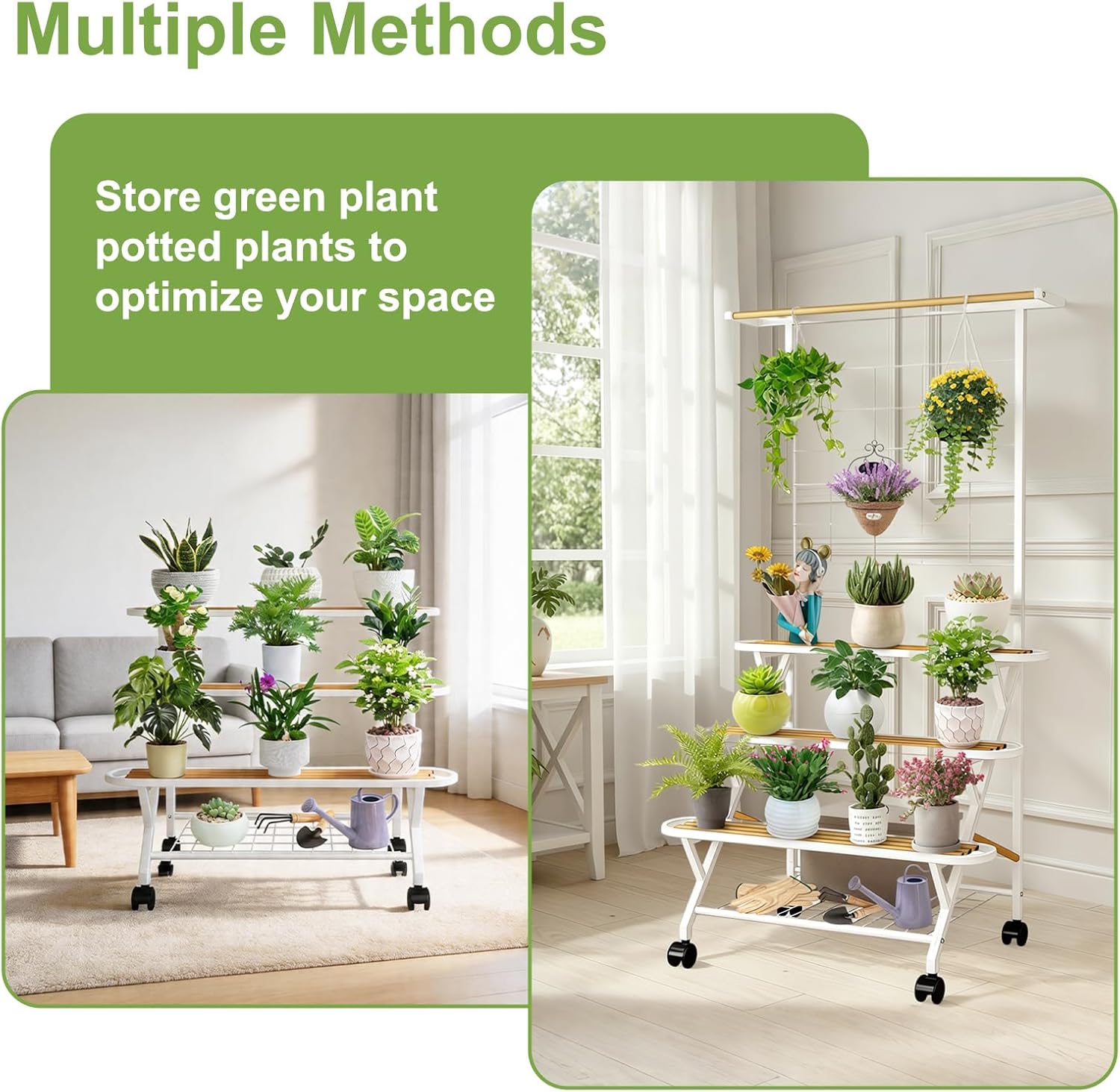 4 Tier Plant Stand Indoor Outdoor with Wheels, Large Metal Plant Shelf for Multiple Plants, Heavy Duty 130 lbs Capacity, Tall Flower Rack for Living Room Patio Balcony Garden, White