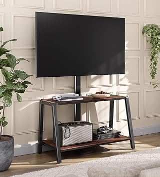 FITUEYES Wood TV Stand with Mount for 32-55 inch TVs, 2 Tier Entertainment Center with Storage for Bedroom & Corner, Tall Wooden TV Mount Stands & Metal Mount - Max Load 77lbs for Flat Screen