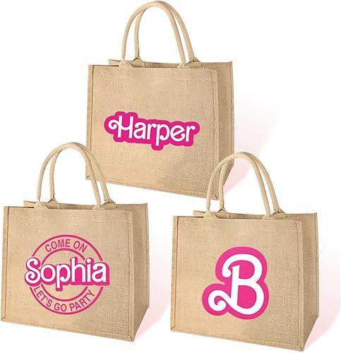 Miniatura 2 de callie Bolsa de mano personalizada para niñas y mujeres, reutilizable, para viajes, compras, playa, yute, rosa, con nombre, novia, dama de honor,