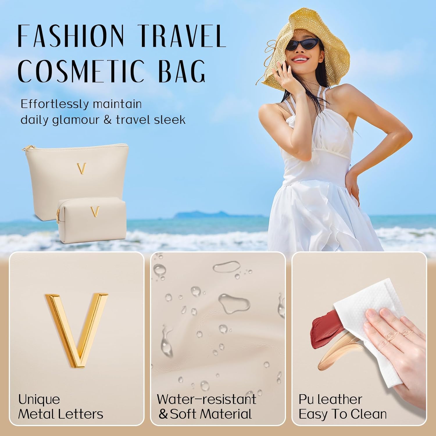 Birthday Gifts for Women Initial Makeup Bag Set Personalized Girl Cosmetic Travel Toiletry Bag Gifts for Bridesmaid Friend Graduation Teachers(Beige,V) - Image 4