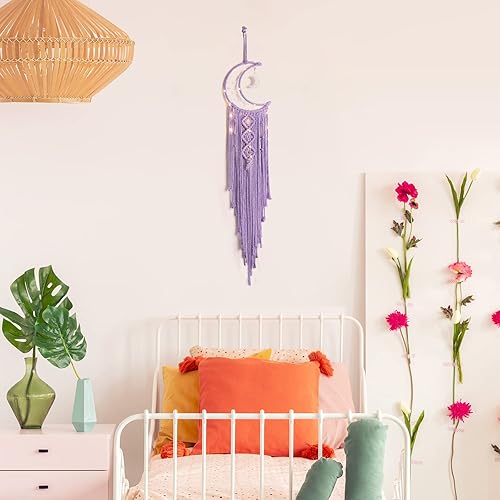 Vista 50 de Colgante de pared tejido de macramé bohemio, crochet, luna creciente, estrella, atrapasueños con borla larga, algodón negro, hecho a mano, bohemio