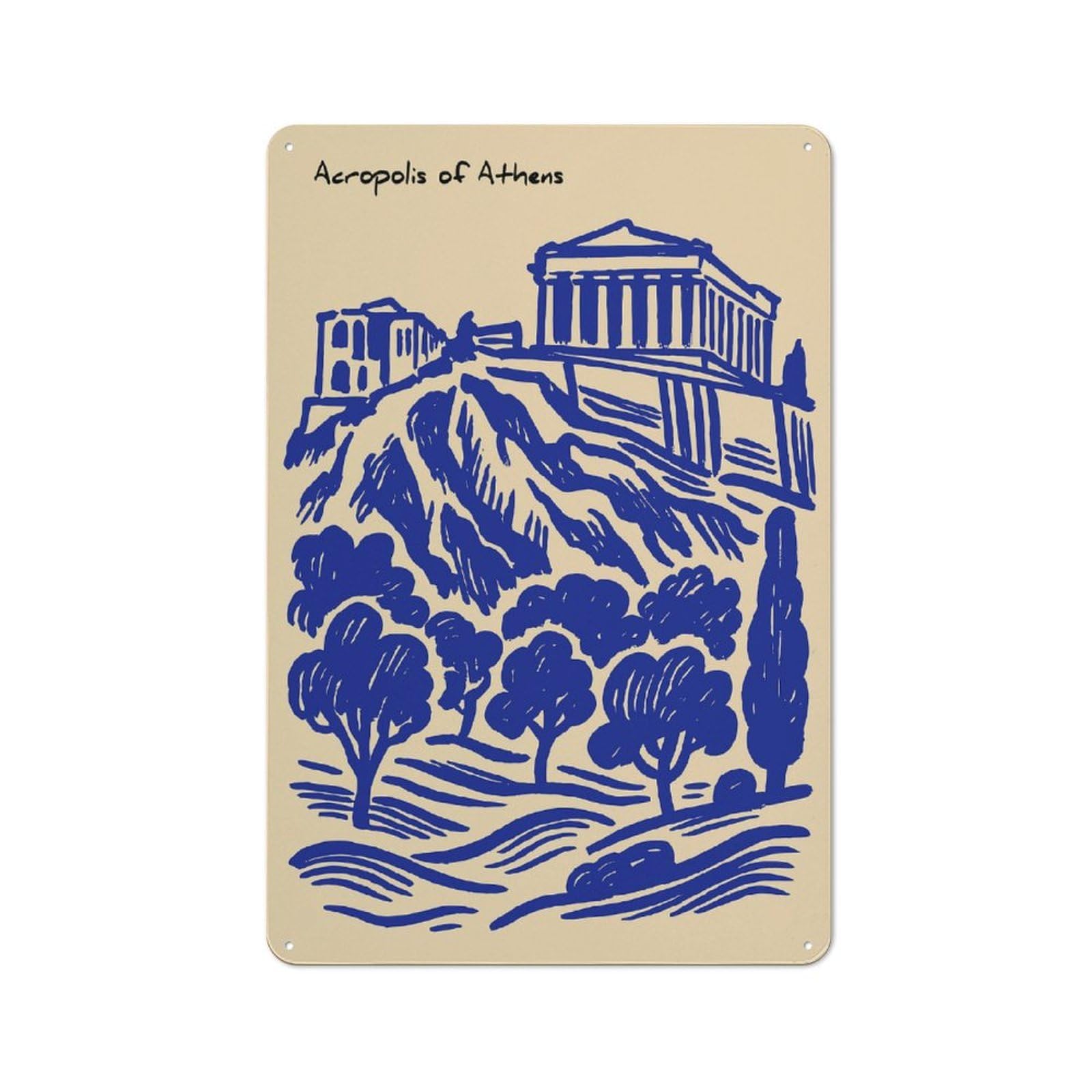 Cosy Acropolis of Athens Illustration Metal Plaque 30x20cm, Kitchen Wall Decor for Kitchen, Cafe, Pantry Or Dining Room