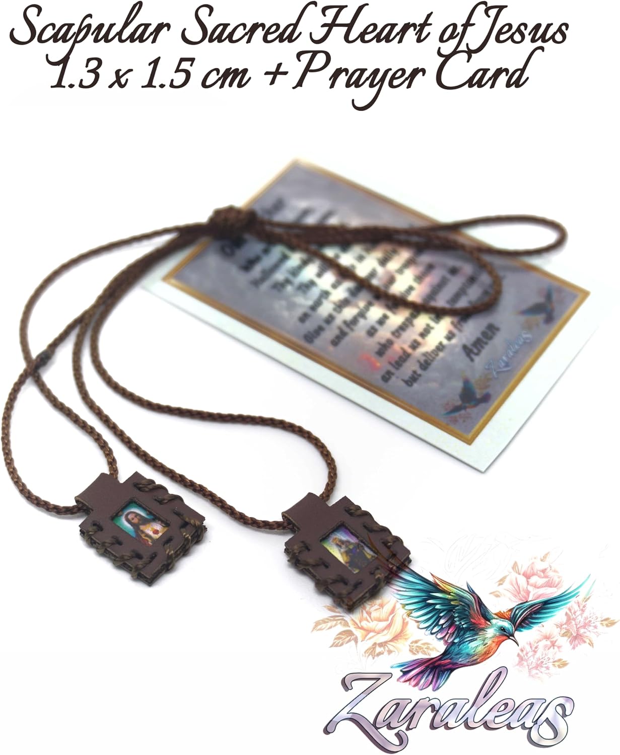 Sacred Catholic Mini Scapular Brown Leather Handmade of Sacred Heart of Jesus, Sacred Virgin of Carmen, Sacred Virgin of Guadalupe and St. Michael Archangel. 1.3cm x 1.5cm by Zaraleas