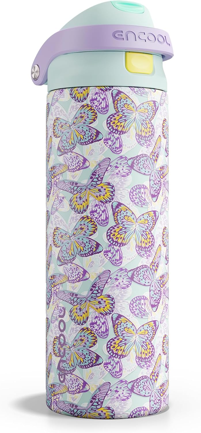 ENCOOL Leakproof Insulated Water Bottle with Straw Dual-Sip Water Bottle Bag-Safe Design for Work, Commute & Gym – Keeps Drinks Cold All Day, 24 oz, Mosaic Butterfly