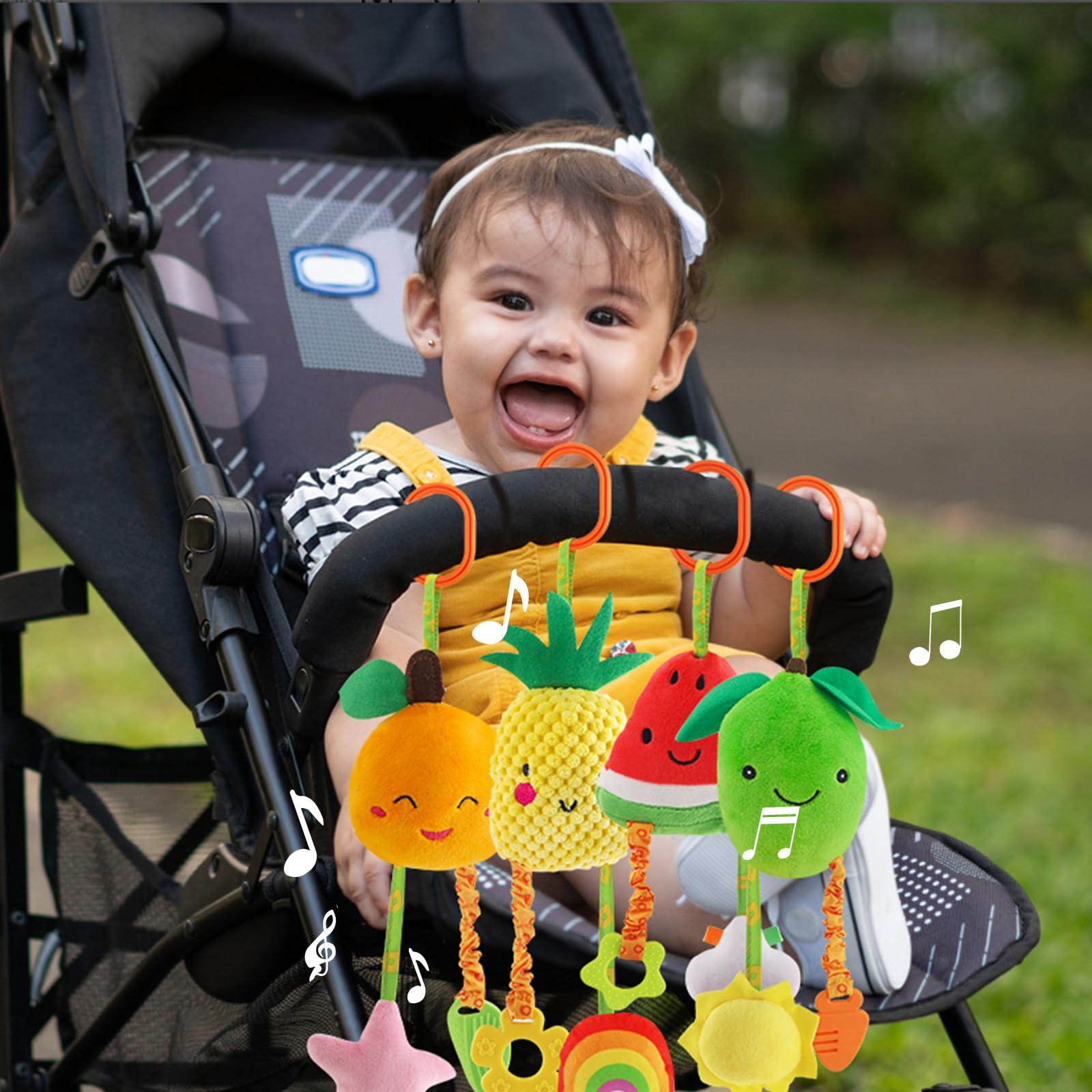 KAKIBLIN Baby-Spielzeug zum Aufhängen, 4 Stück, für Autositz, Buggy, weiches Quietschspielzeug für Babys, Neugeborene, Auto, Bett, Krippe, Reisen, Aktivität, Früchte-A