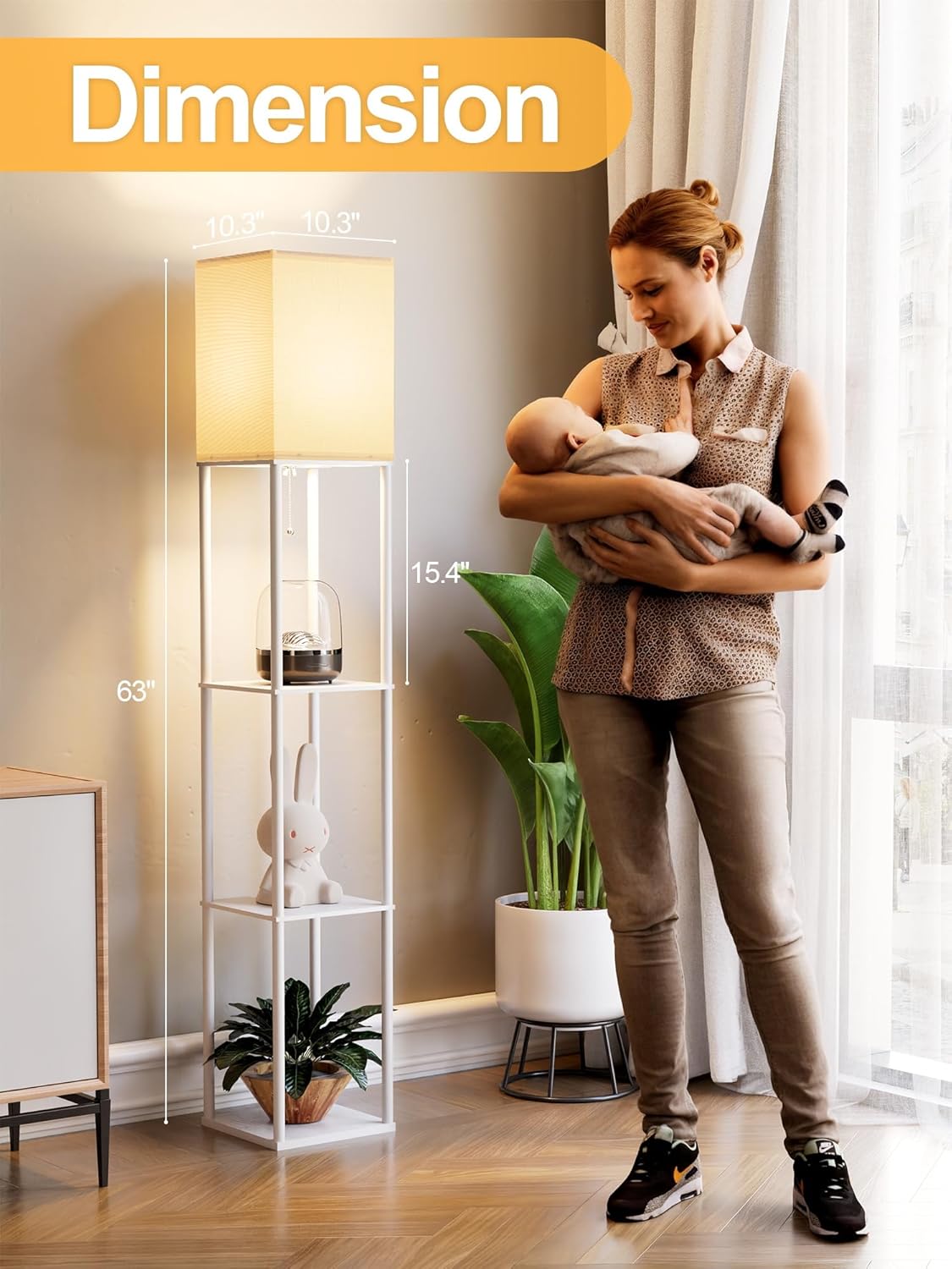 Floor Lamp with Shelves for Living Room White, Shelf Floor Lamp with 3 CCT LED Bulb, Corner Display Standing Column Lamp Etagere Organizer Tower Nightstand with White Linen Shade for Bedroom, Office