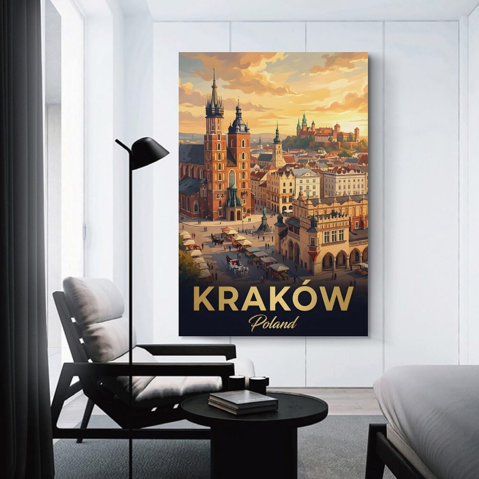 Junmoney Wall Art Print Krakow Cityscape with St. Marys Basilica, 24x36inch(60x90cm), for Living Room, Bedroom Or Apartment Walls, Modern Wall Decor for Cosy Interiors